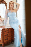 Mermaid One Shoulder Sky Blue Plus Size Prom Dress con applicazioni