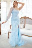 Mermaid One Shoulder Sky Blue Plus Size Prom Dress con applicazioni