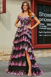 Princess A Line Off the Shoulder Nero Rosa Abito da ballo lungo con pizzo a strati