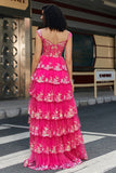 Trendy A Line Off the Shoulder Corsetto Fucsia Prom Dress con Split Front