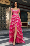 Trendy A Line Off the Shoulder Corsetto Fucsia Prom Dress con Split Front
