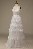 Bianco fuori dalla spalla scintillante abito da sposa in pizzo con spacco