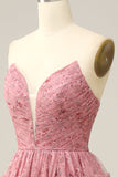 Abito da cerimonia linea A rosa polvere senza spalline