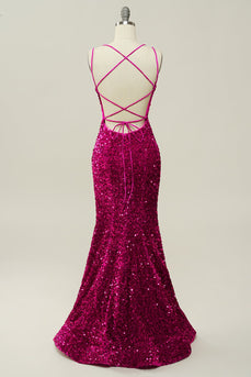 Hot Pink Sequin Spaghetti Straps Mermaid Prom Dress con stringate posteriori