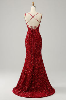 Red Sparkly Mermaid Backless Long Prom Dress con frange