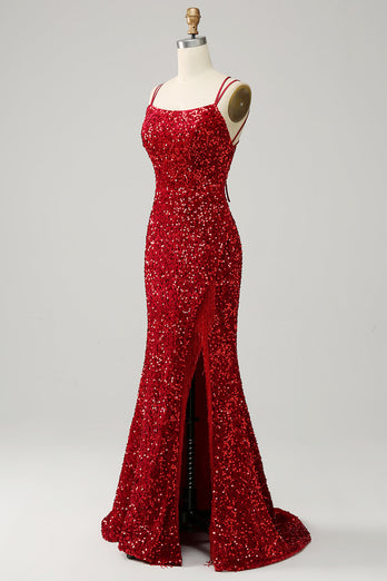 Red Sparkly Mermaid Backless Long Prom Dress con frange