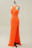 Orange Halter paillettes senza schienale Mermaid Prom Dress