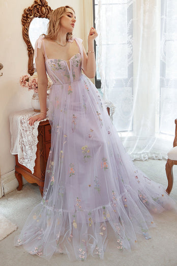 Tulle lavanda A Line Corsetto Plus Size Prom Dress con ricamato