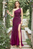 Mermaid One Shoulder Dark Purple Beaded Long Prom Dress con spacco