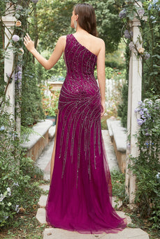 Mermaid One Shoulder Dark Purple Beaded Long Prom Dress con spacco
