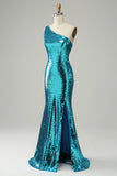 Sparkly Blue Sequins One Shoulder Long Prom Dress con spacco