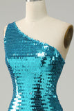 Sparkly Blue Sequins One Shoulder Long Prom Dress con spacco