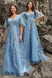 Linea A Scollatura a V Grey Blue Plus Size Prom Dress con applicazioni