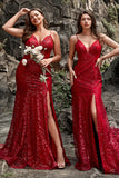 Spaghetti rosso scuro Mermaid Prom Dress con spacco