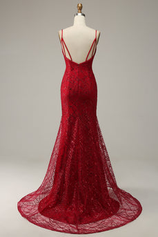 Spaghetti rosso scuro Mermaid Prom Dress con spacco