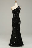 Paillettes Mermaid One Shoulder Black Long Prom Dress con stella