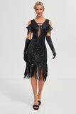 Nero Cold Shoulder Paillettes Frange 1920s Gatsby Dress