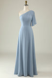 Abito da damigella d'onore Boho in chiffon monospalla grigio blu