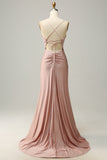 Mermaid Spaghetti Straps Blush Long Prom Dress con perline