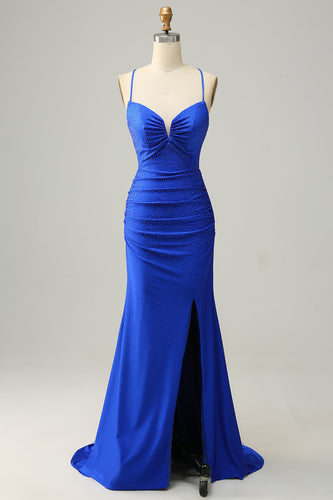 Spaghetti Sirena Cinghie Royal Blue Long Prom Dress con perline