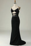 Mermaid Spaghetti Straps Black Plus Size Prom Dress con buco della serratura