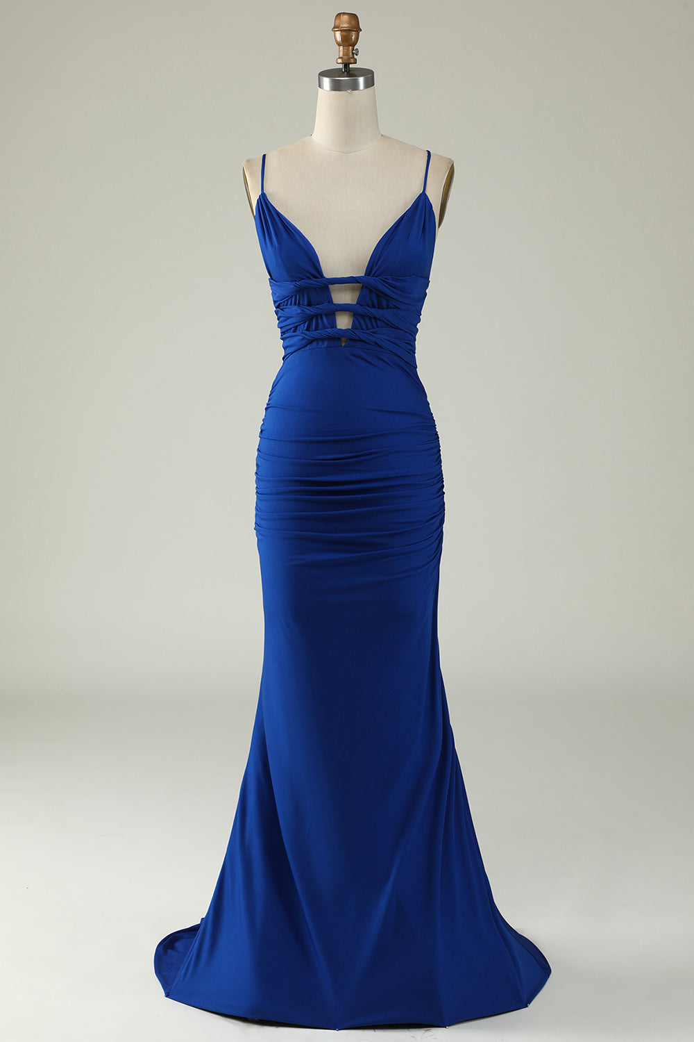 Spaghetti Mermaid Spaghetti Abito da ballo blu reale Plus Size con incrocio sul retro