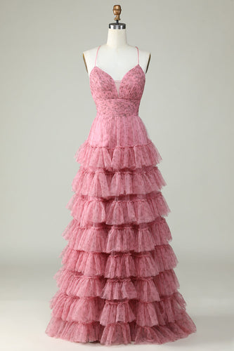 Linea a spalline sottili rosa stampa floreale tulle abito da ballo