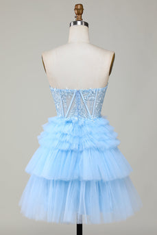 Abito da ritorno a casa corto corsetto blu innamorato linea A carino con volant