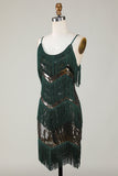 Spaghetti Straps Verde scuro Glitter 1920s Vestito con frange