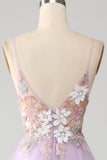 Glitter A-Line Spaghetti Straps Lilla Abito Lungo Prom con Fiori