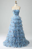 Off the Shoulder floreale stampato a più livelli Prom Dress con pieghe