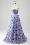 Off the Shoulder floreale stampato a più livelli Prom Dress con pieghe