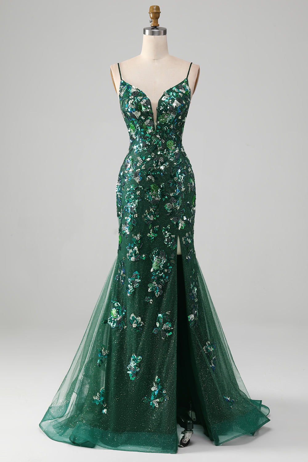 Mermaid Lace-Up Back Abito da ballo verde scuro con applicazioni