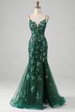 Mermaid Lace-Up Back Abito da ballo verde scuro con applicazioni