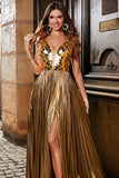 Splendida linea A V-Neck Golden Long Prom Dress con Split Front