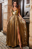 Splendida linea A V-Neck Golden Long Prom Dress con Split Front