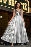 Sparkly A-Line Scollo a V argento specchio Prom Dress con fessura