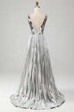 Sparkly A-Line Scollo a V argento specchio Prom Dress con fessura