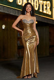 Sparkly Golden Mermaid senza spalline lungo in rilievo Prom Dress con fessura
