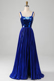 Sparkly Lace-Up Back Royal Blue Prom Dress con fessura