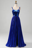 Sparkly Lace-Up Back Royal Blue Prom Dress con fessura