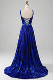 Sparkly Lace-Up Back Royal Blue Prom Dress con fessura
