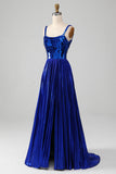 Sparkly Lace-Up Back Royal Blue Prom Dress con fessura