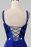 Sparkly Lace-Up Back Royal Blue Prom Dress con fessura