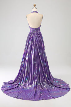Glitter viola plissettato metallico lungo abito da ballo con fessura