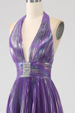 Glitter viola plissettato metallico lungo abito da ballo con fessura