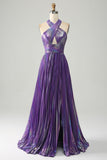 Sparkly viola Halter A Line Prom Dress con pieghe