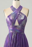 Sparkly viola Halter A Line Prom Dress con pieghe