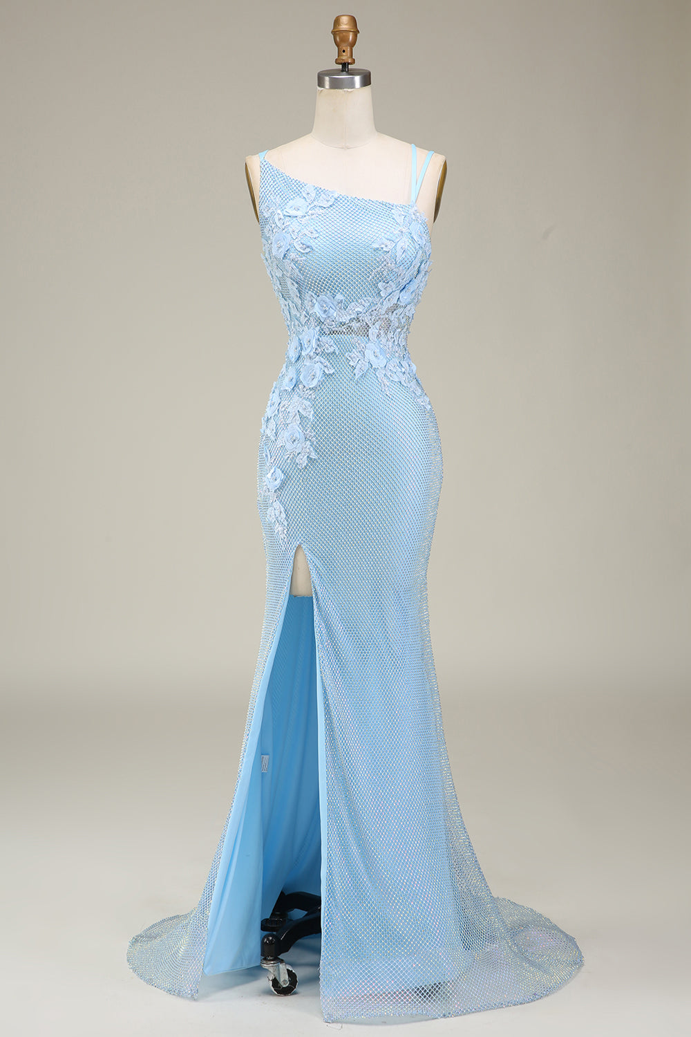 Elegante sirena abito da ballo lungo azzurro con applicazioni