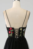 Nero A-Line Spaghetti Straps ricamato lungo corsetto Prom Dress